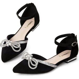 🆕Women Black Suede Rhinestone Pointed Toe Bowknot Ballet Flats Comfort Dressy